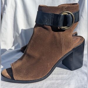Frye Danica Suede Harness Bootie Chestnut Brown Peep Toe